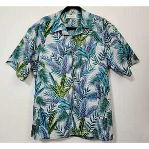 TORI RICHARD UNIFORMS Shirt HAWAIIAN Cotton White w/ Blue Purple Aqua Leaves - L